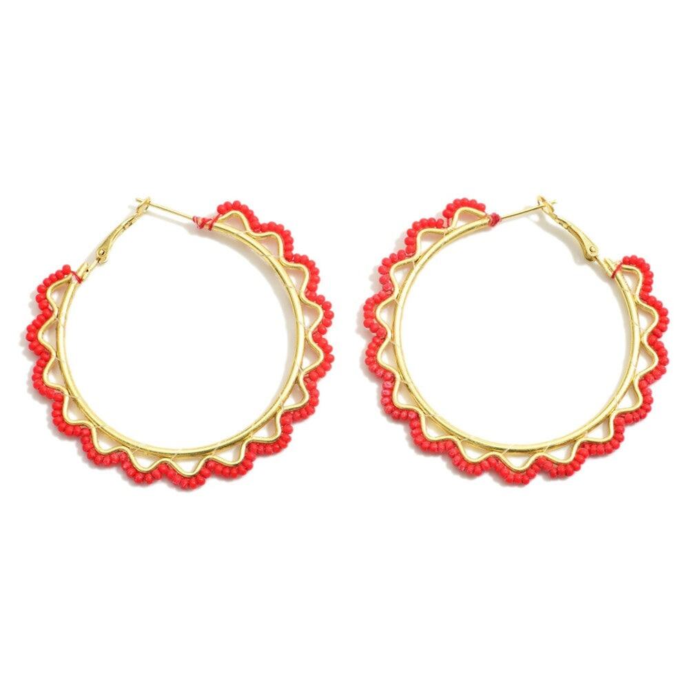 Scalloped Edge Beaded Hoop Earrings Red Gold